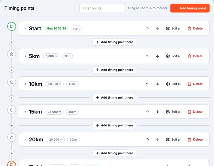 Course setup step one - building timing points on a visual timeline