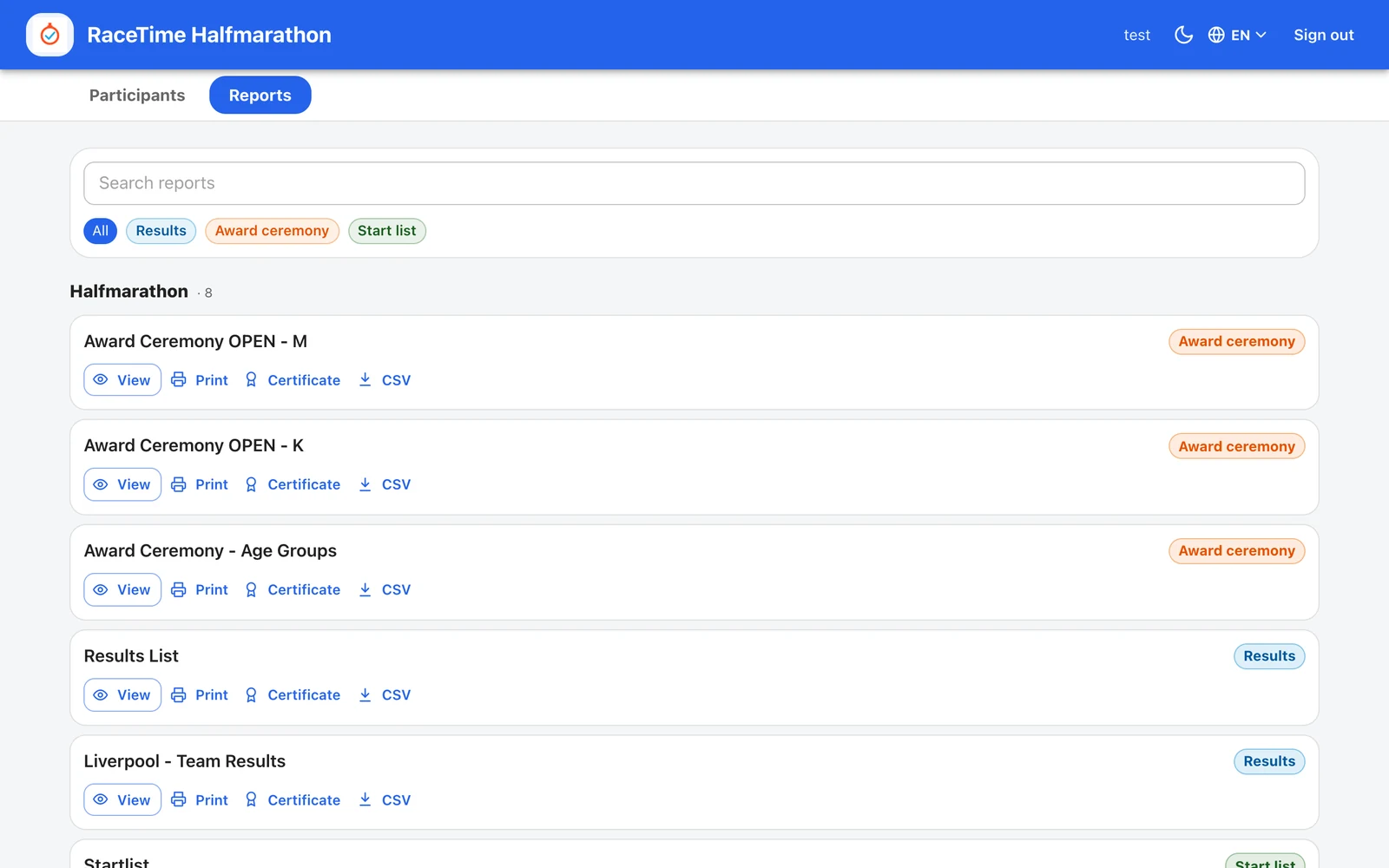 Portal Reports tab - a read-only list of saved reports grouped by competition with View, Print, Certificate and CSV, plus Results, Award ceremony and Start list filter chips