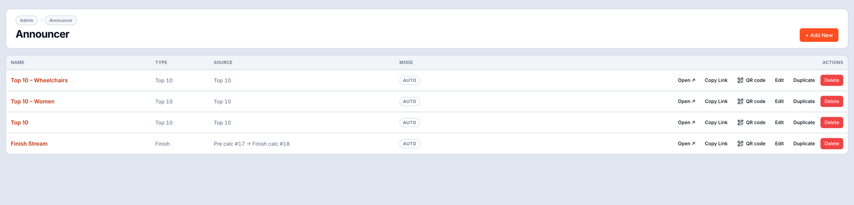 Announcer screens manager - multiple announcer screens per event, each with type, source and auto or manual mode