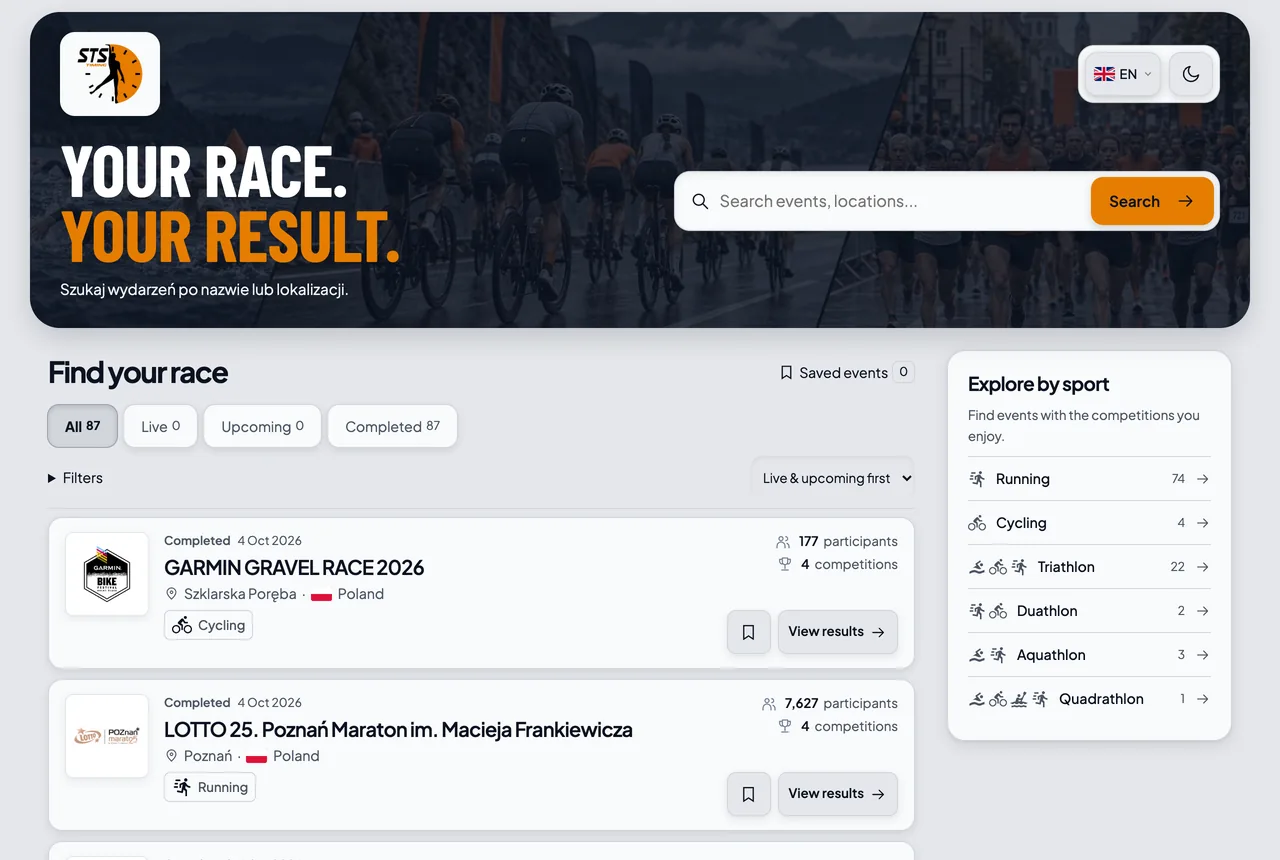 A timing company's branded results home with its logo, colours and header photo, event search, live, upcoming and completed filters, saved events and an explore-by-sport list