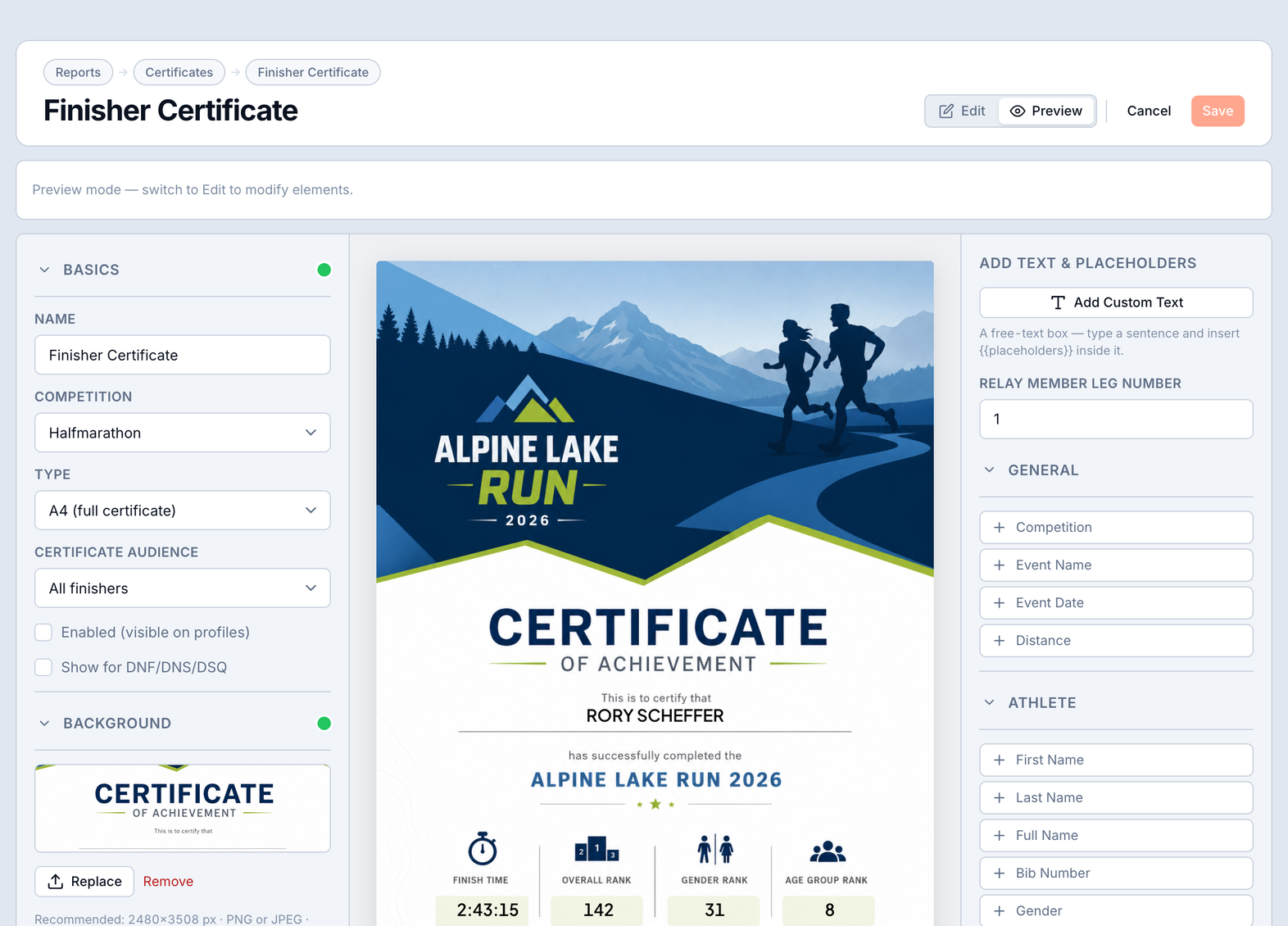 Certificate builder - upload a background and drop placeholders for name, time, position, category, age-group rank and a QR code anywhere on the canvas