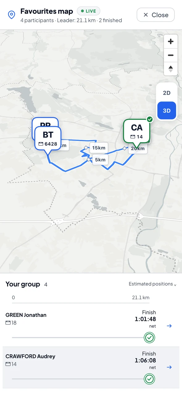 Favourites map on a phone: an angled 3D map with runner pins showing initials and bib numbers, and the Your group lane with each runner's estimated finish. Names are blurred.