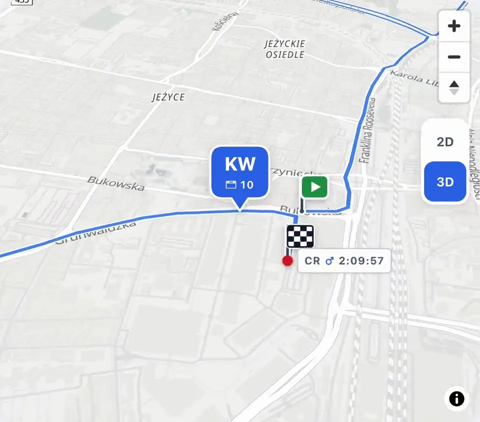 3D live-tracking map with the leader's pin approaching the finish flag