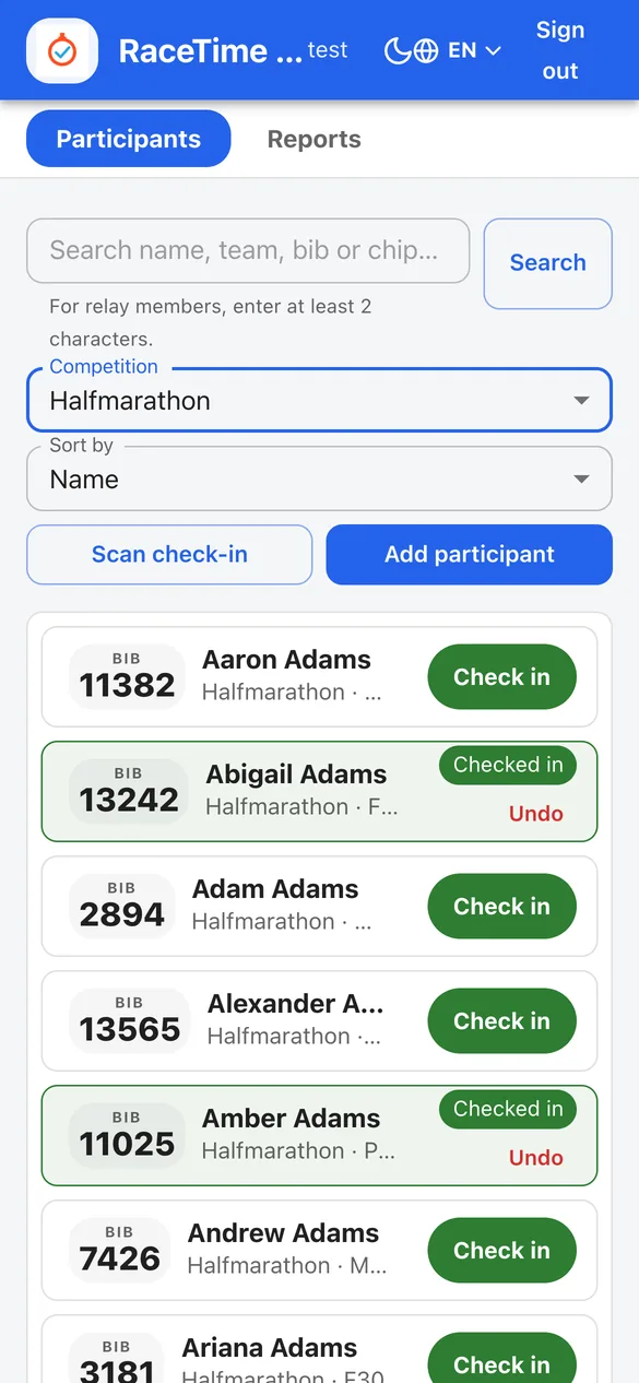 The mobile check-in kiosk - a participant list with big bib badges, a Scan check-in button and Add participant, green Check in buttons, and a checked-in row in a green success state with Checked in and Undo