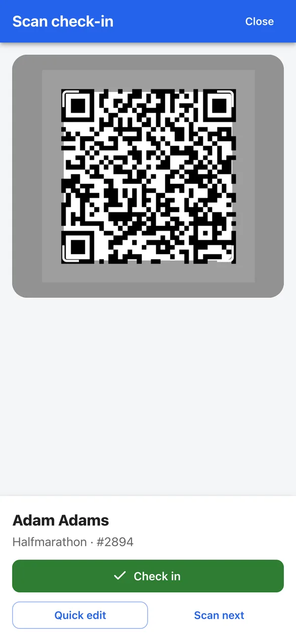 Onsite app scanning a participant's QR code and showing the runner, ready to check in