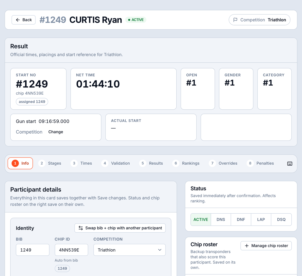 Participant Info tab - editable athlete data