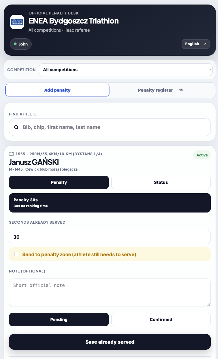 Mobile Official Penalty Desk - head referee header, find an athlete by bib/chip/name, Penalty/Status toggle, a 30s preset, seconds served and a Send to penalty zone checkbox