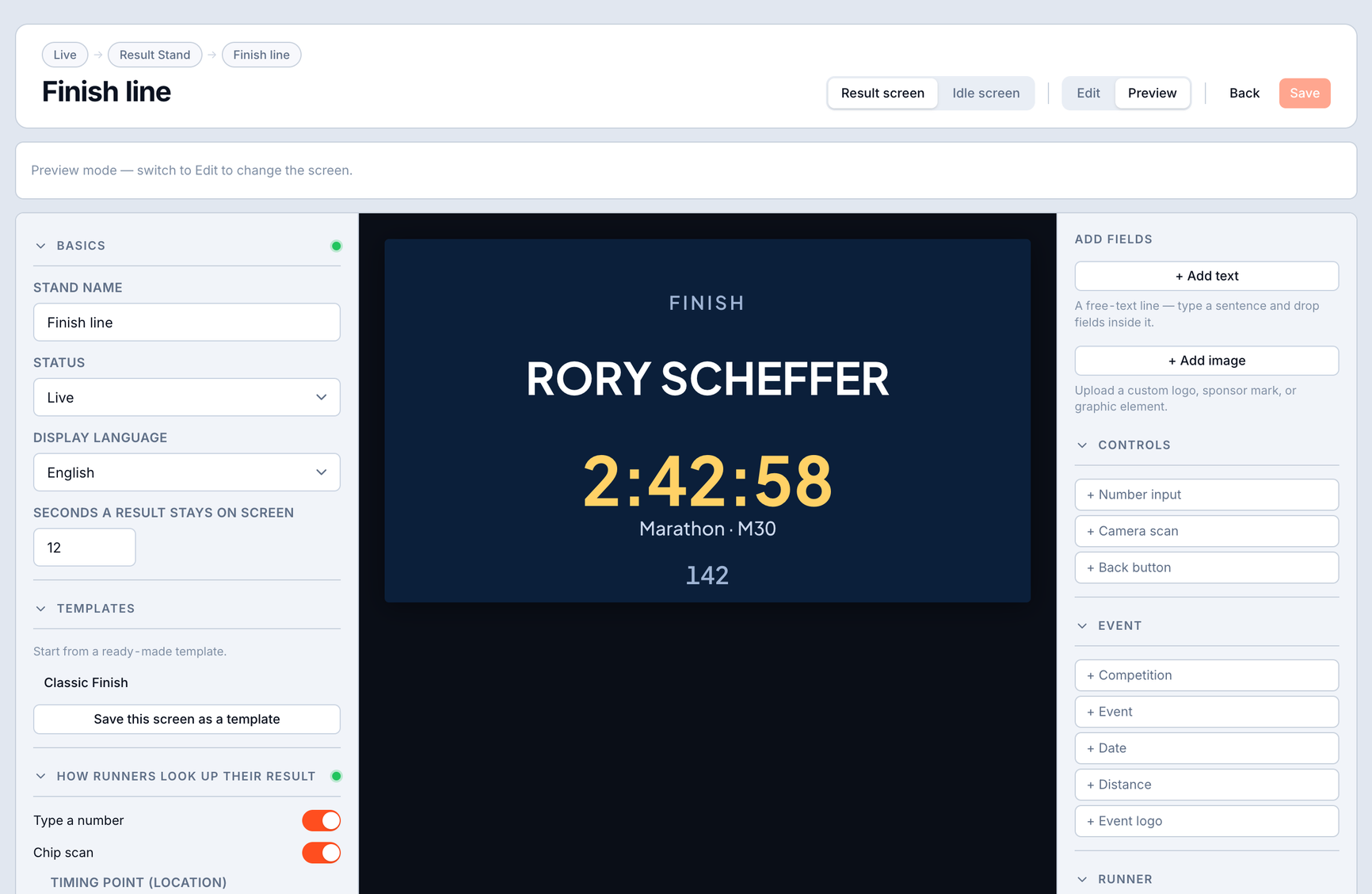 Result Stand result screen - bib 1042, finish time 2:42:58, with swim, bike and run stage times